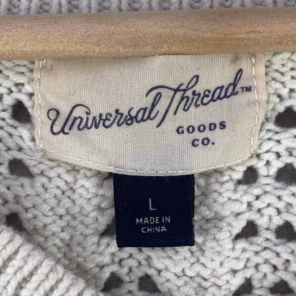 Universal Thread Open Knit V-Neck Sweater Women L Ivory Casual Crochet Nautical